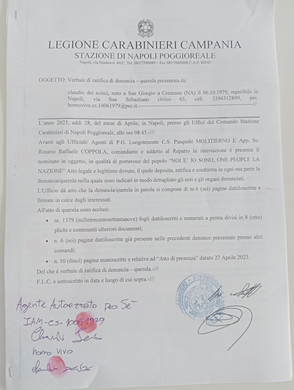 Verbale Denuncia Querela Carabinieri Napoli